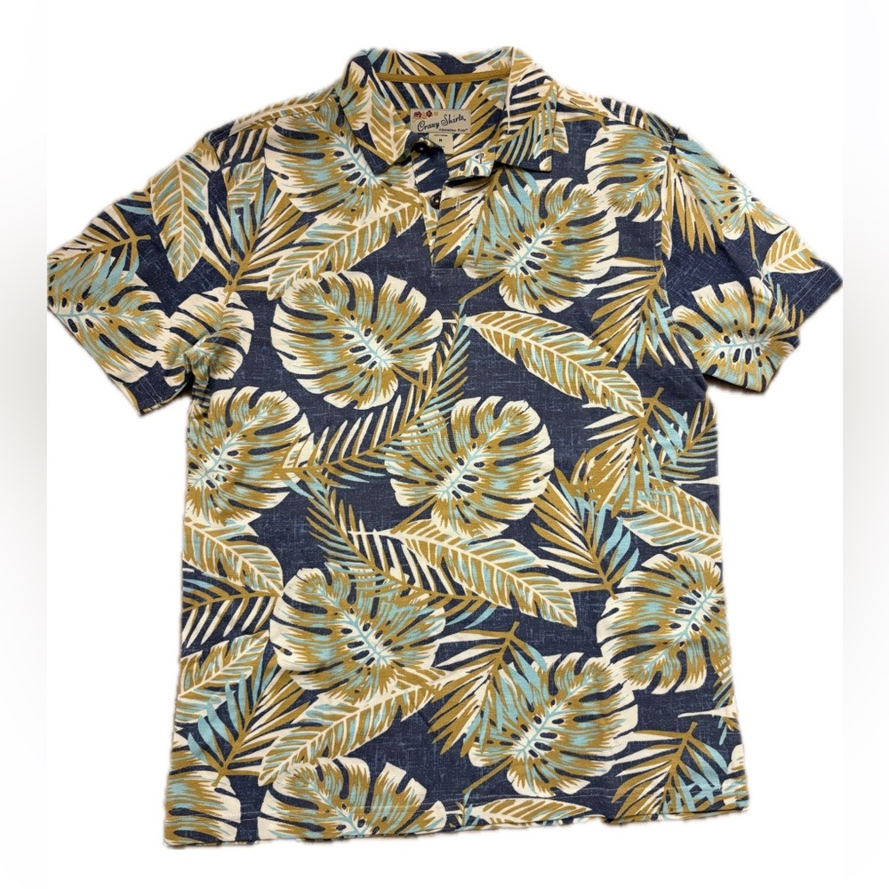 New Vintage Crazy Shirts Hawaiian Mens Polo Tropical Leaf Print Blue/Tan Size M